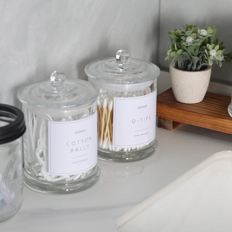 Ronasip Qtip Holder & Cotton Pad Dispenser, Bathroom Organizer and Storage Canisters, 16oz Glass Apothecary Jars for Kitchen, Restroom - Home Decor, Room Decor Aesthetic (2 Pack, Transparent) - Image 2